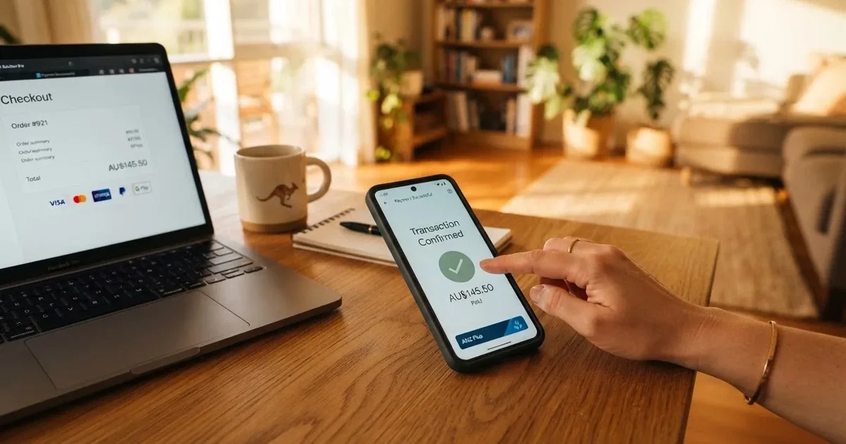 A smartphone screen showing a digital wallet balance next to a laptop cashier page.