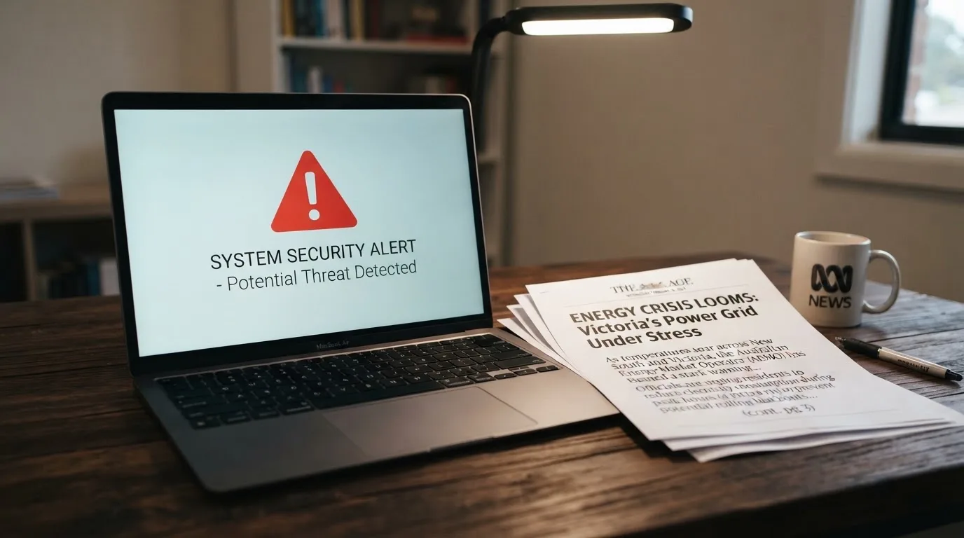 A printed government warning notice on a desk beside a laptop with a red alert icon on the screen.