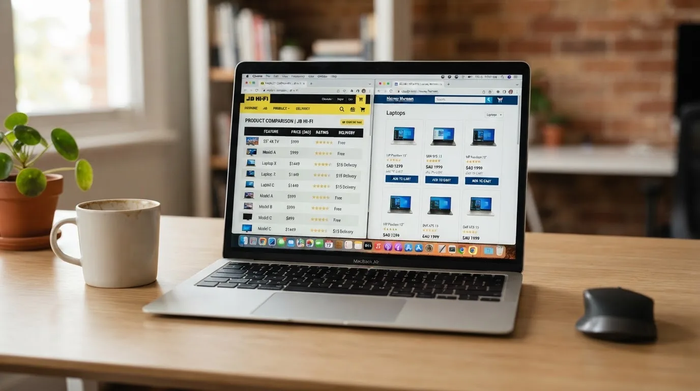 A laptop screen split between two browser tabs, one showing a comparison table and the other a search results page.