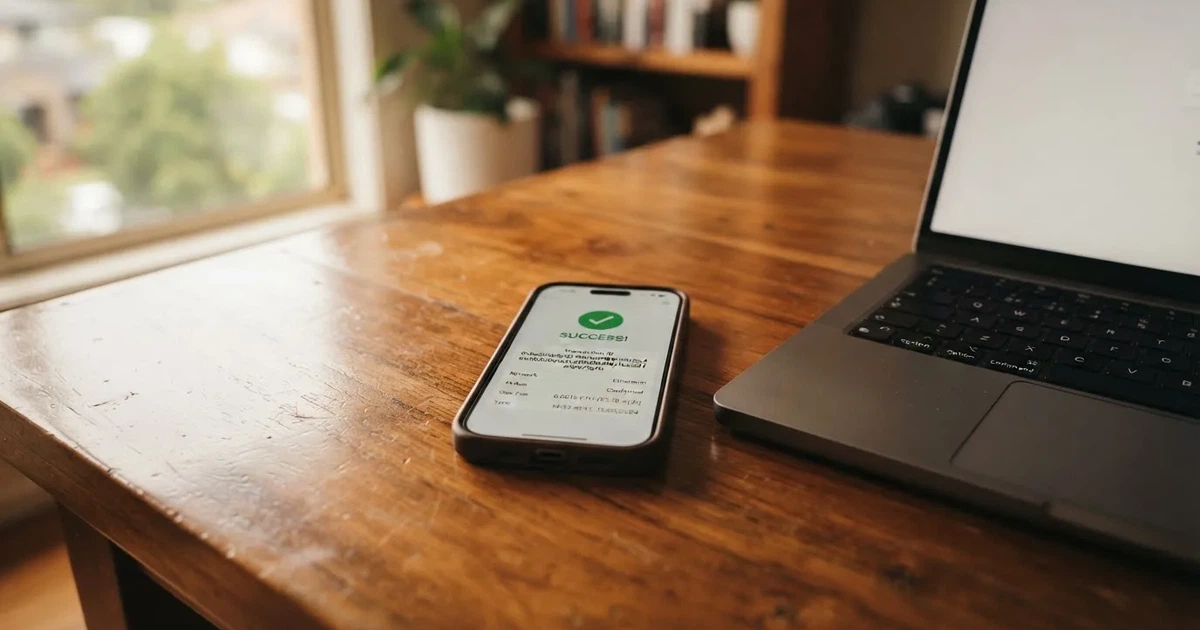 A phone displaying a blockchain transaction confirmation screen next to a laptop keyboard.