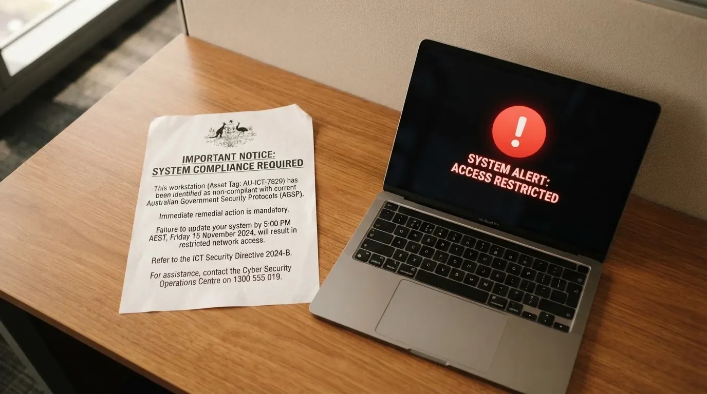A printed government warning notice on a desk beside a laptop with a red alert icon on the screen.