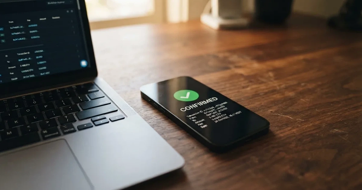 A phone displaying a blockchain transaction confirmation screen next to a laptop keyboard.