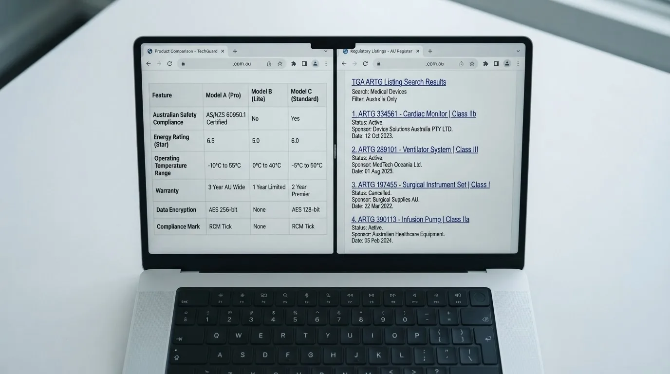 A laptop screen split between two browser tabs, one showing a comparison table and the other a search results page.