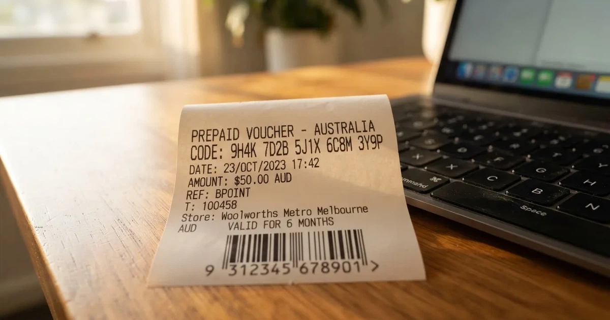 A printed prepaid voucher receipt lying beside a laptop keyboard.