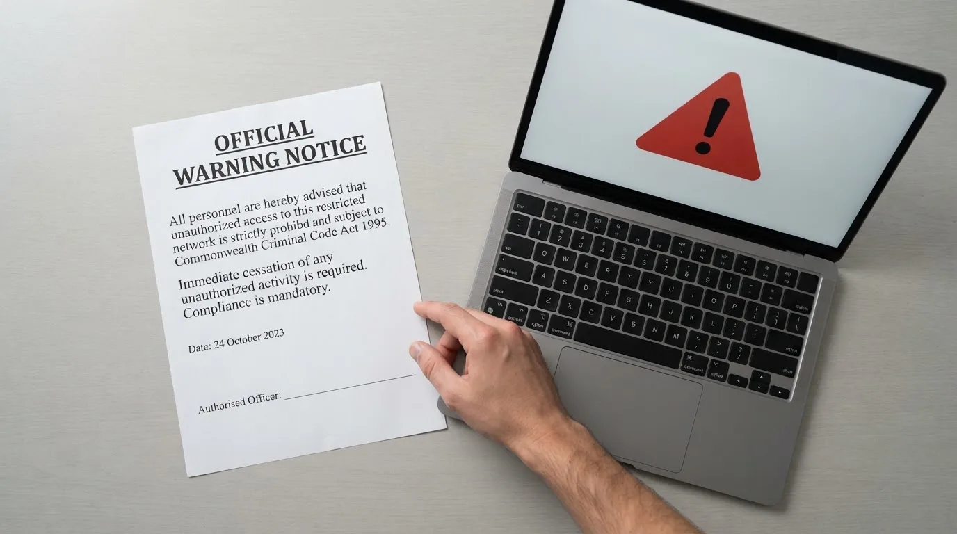 A printed government warning notice on a desk beside a laptop with a red alert icon on the screen.