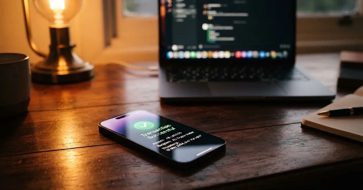 A phone displaying a blockchain transaction confirmation screen next to a laptop keyboard.