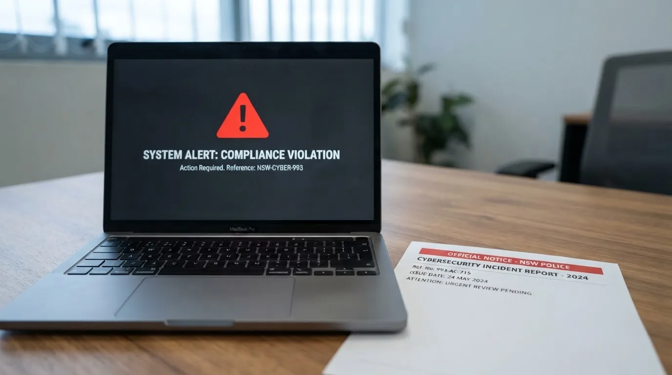 A printed government warning notice on a desk beside a laptop with a red alert icon on the screen.