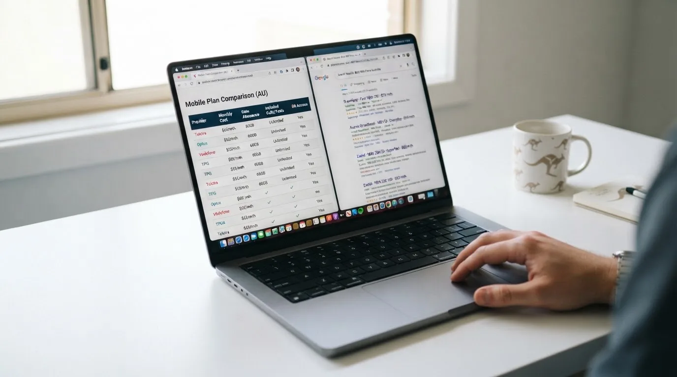 A laptop screen split between two browser tabs, one showing a comparison table and the other a search results page.