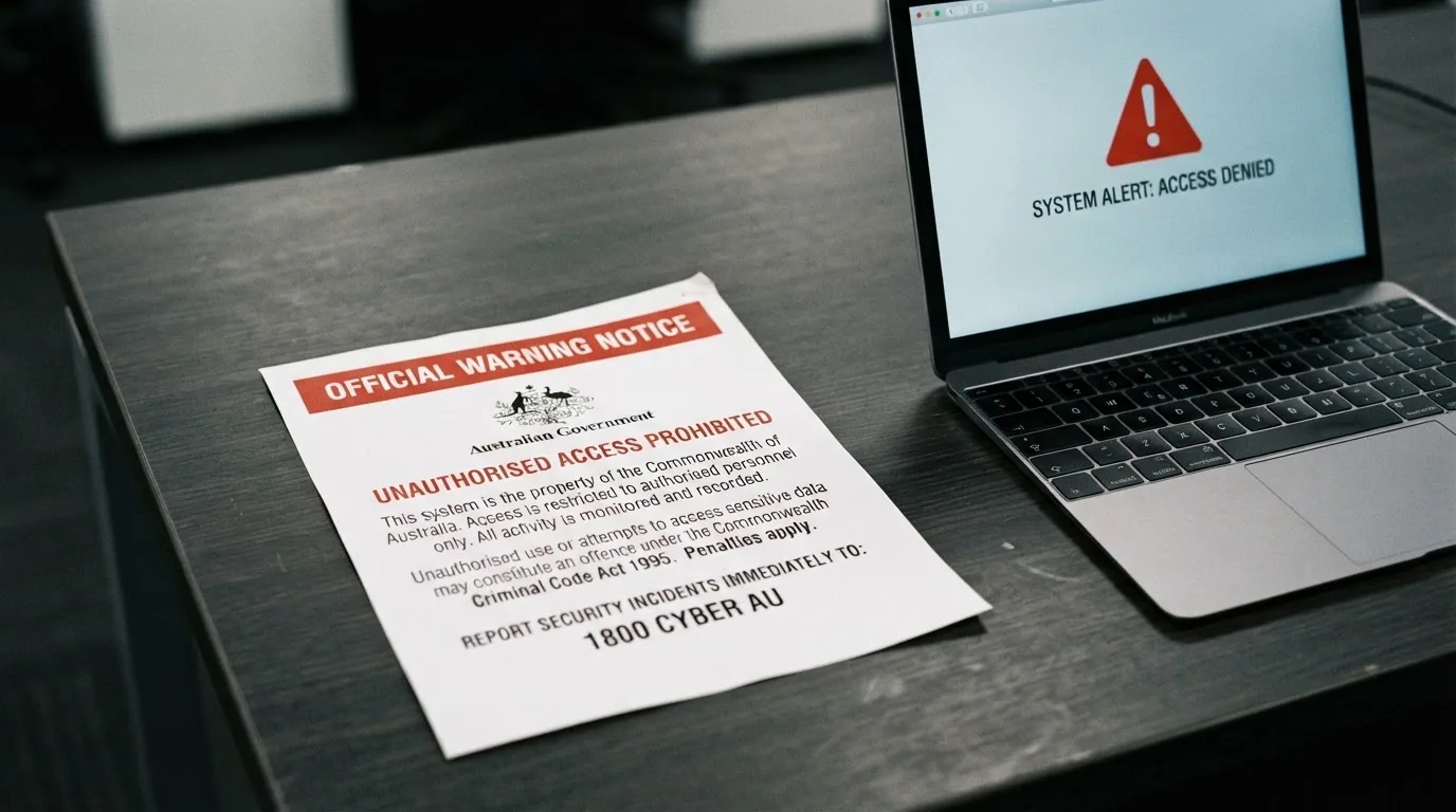 A printed government warning notice on a desk beside a laptop with a red alert icon on the screen.
