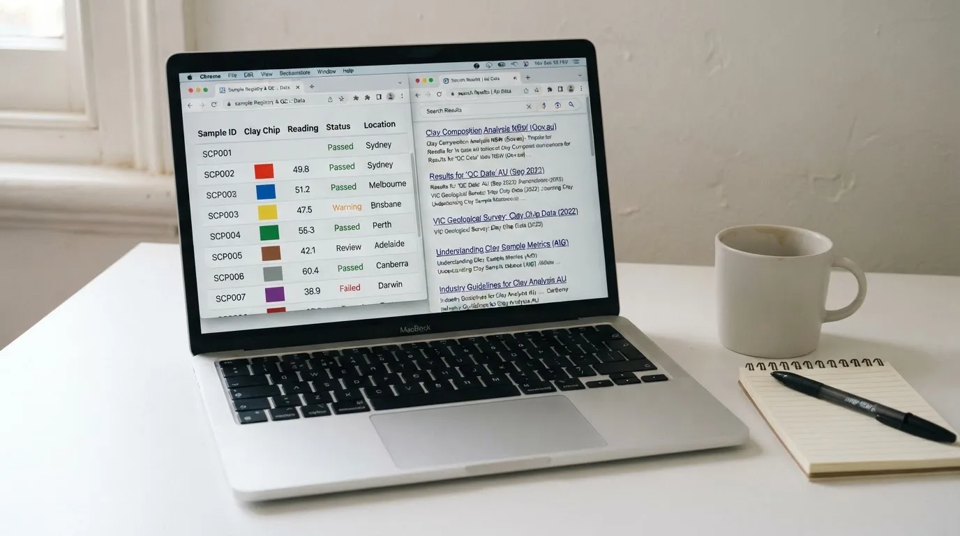 A laptop screen split between two browser tabs, one showing a comparison table and the other a search results page.