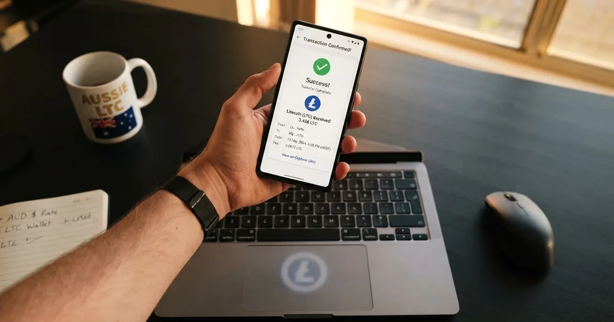 A phone displaying a blockchain transaction confirmation screen next to a laptop keyboard.