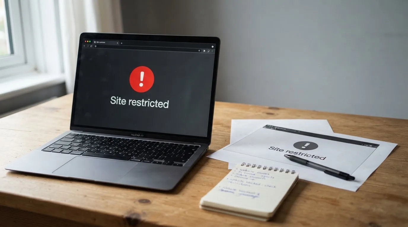 A printed government warning notice on a desk beside a laptop with a red alert icon on the screen.