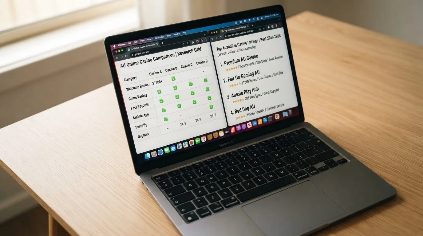 A laptop screen split between two browser tabs, one showing a comparison table and the other a search results page.