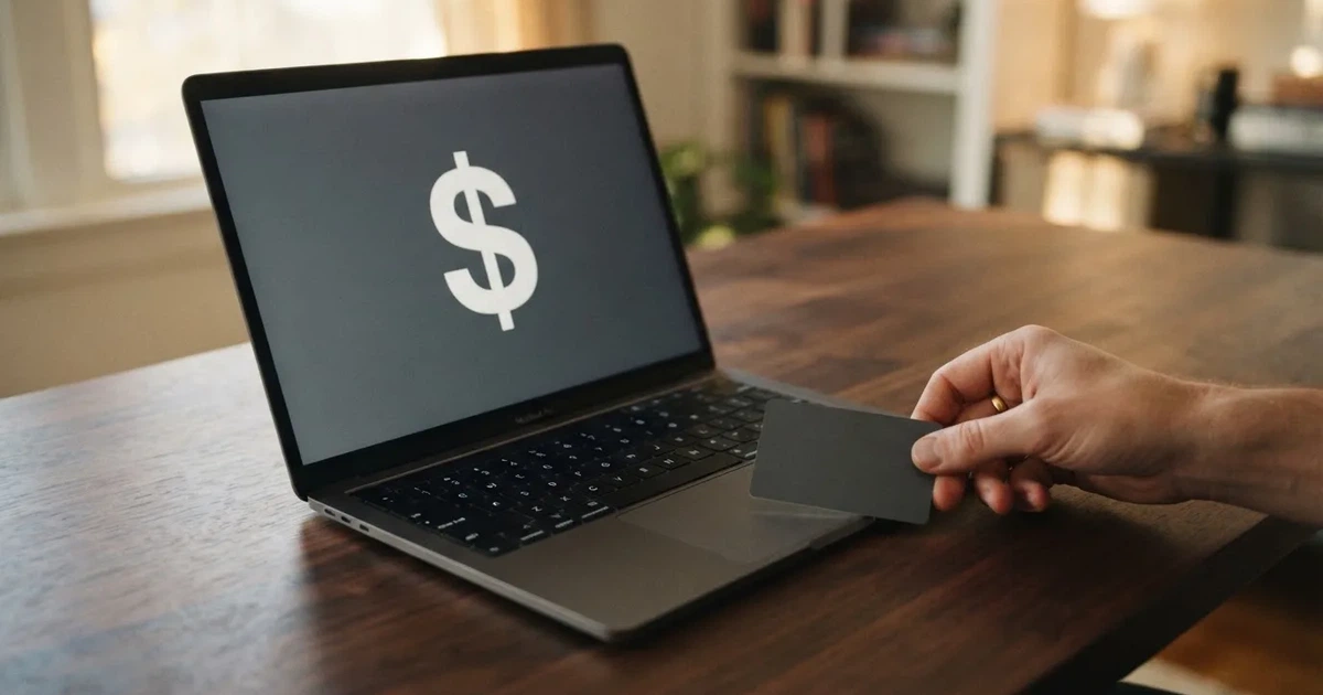 A hand holding a bank card next to a laptop showing an online payment form.