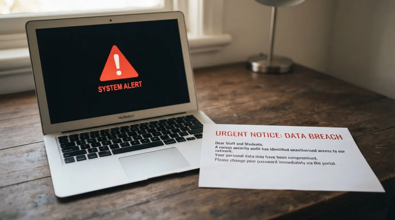 A printed government warning notice on a desk beside a laptop with a red alert icon on the screen.