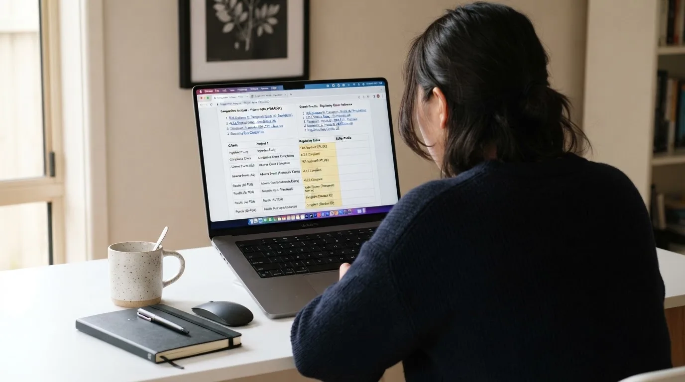 A laptop screen split between two browser tabs, one showing a comparison table and the other a search results page.