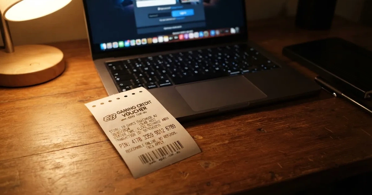 A printed prepaid voucher receipt lying beside a laptop keyboard.