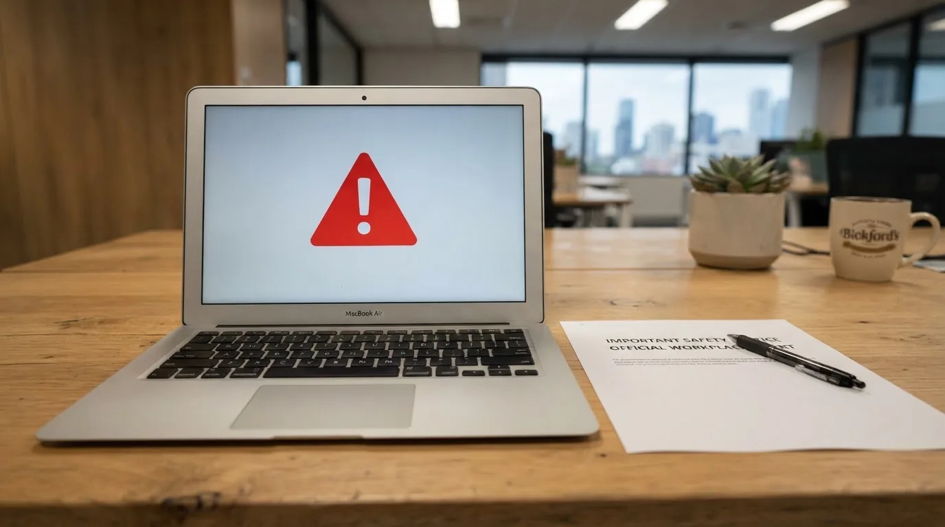 A printed government warning notice on a desk beside a laptop with a red alert icon on the screen.