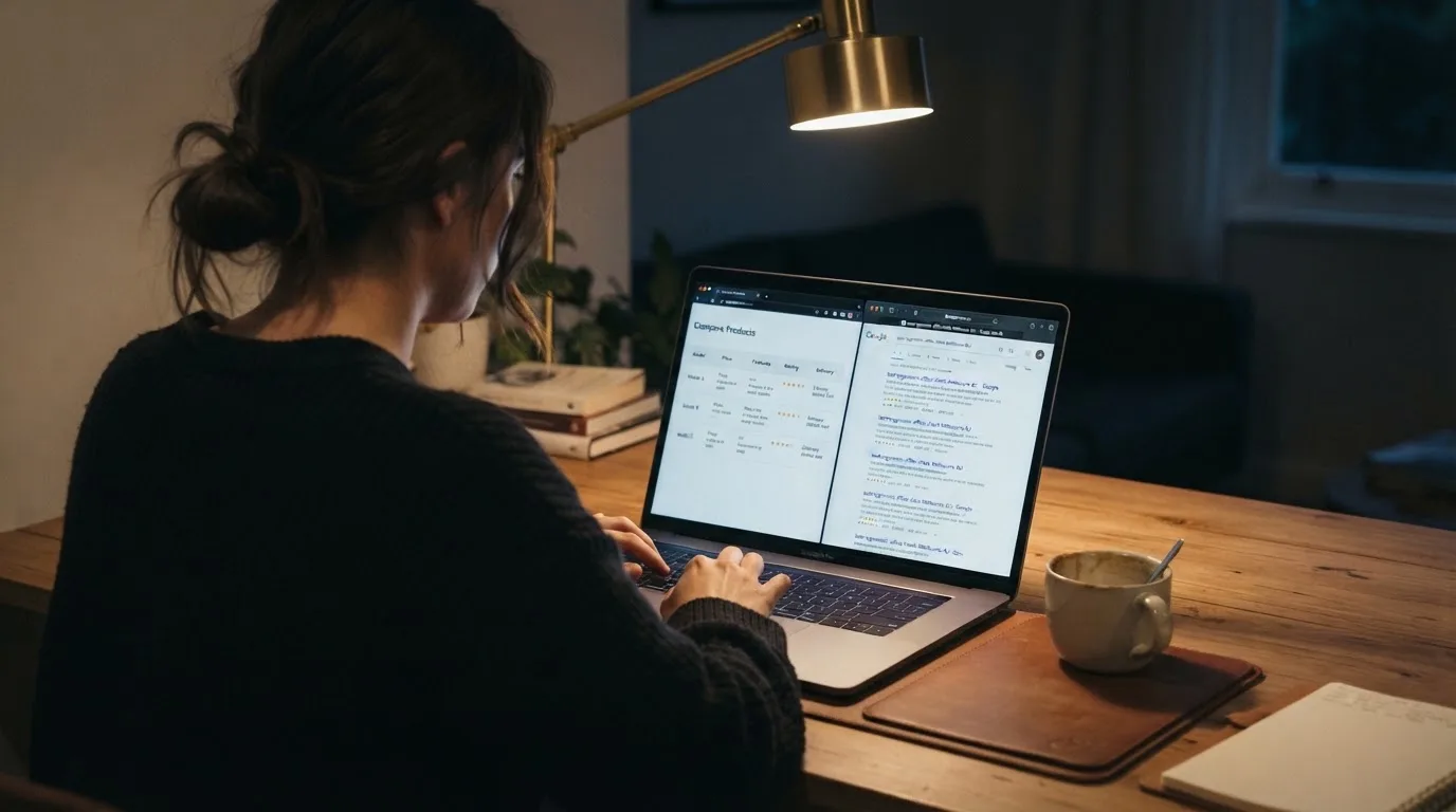 A laptop screen split between two browser tabs, one showing a comparison table and the other a search results page.