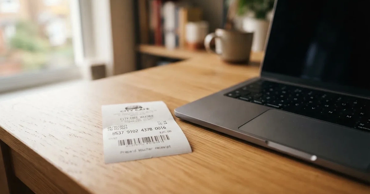 A printed prepaid voucher receipt lying beside a laptop keyboard.