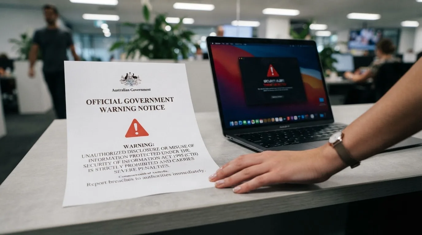 A printed government warning notice on a desk beside a laptop with a red alert icon on the screen.