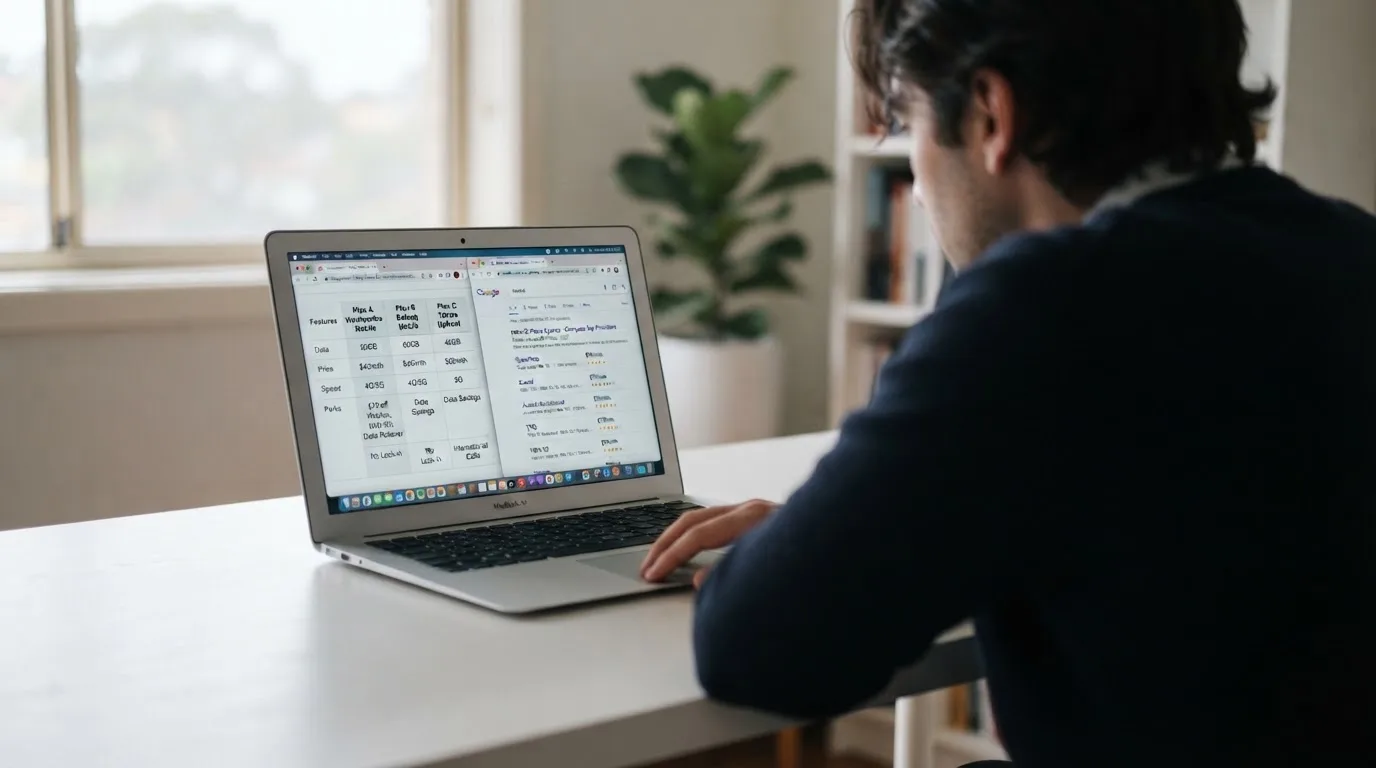 A laptop screen split between two browser tabs, one showing a comparison table and the other a search results page.
