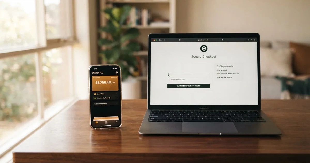 A smartphone screen showing a digital wallet balance next to a laptop cashier page.