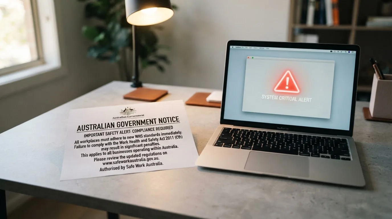 A printed government warning notice on a desk beside a laptop with a red alert icon on the screen.
