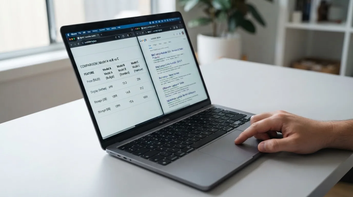 A laptop screen split between two browser tabs, one showing a comparison table and the other a search results page.