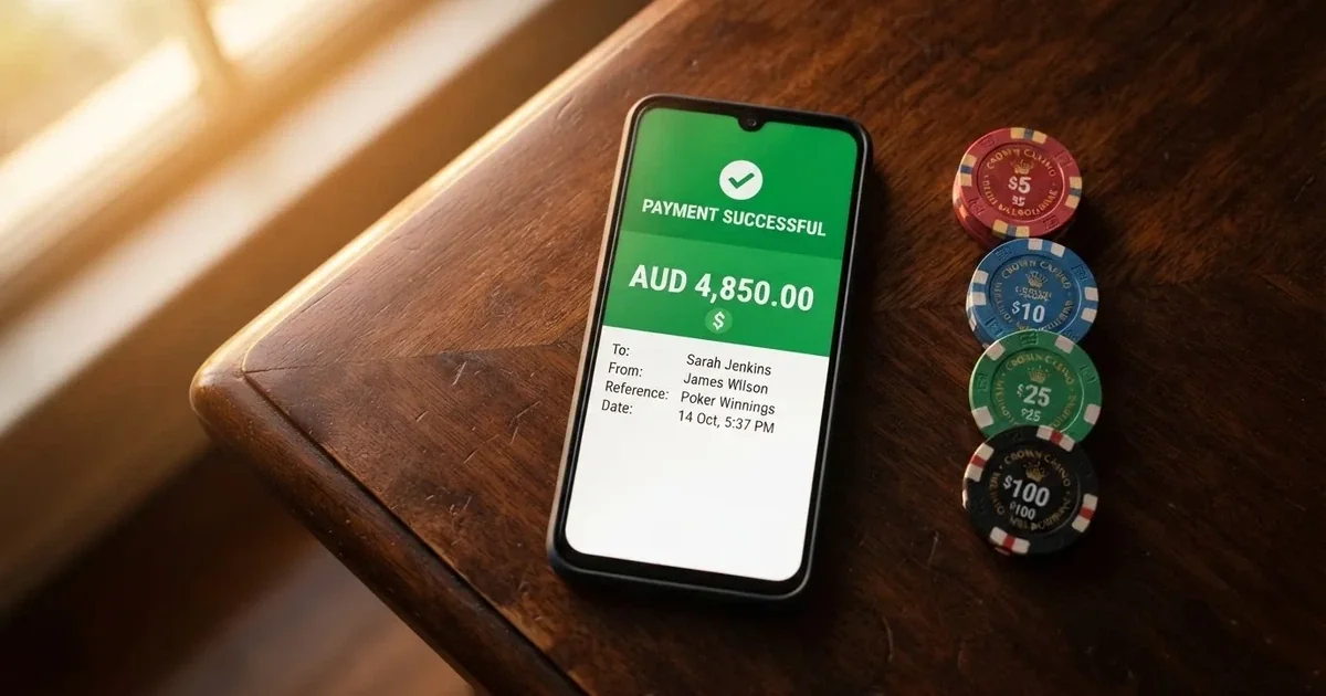A phone displaying a bank transfer confirmation screen next to a stack of Australian dollar notes.