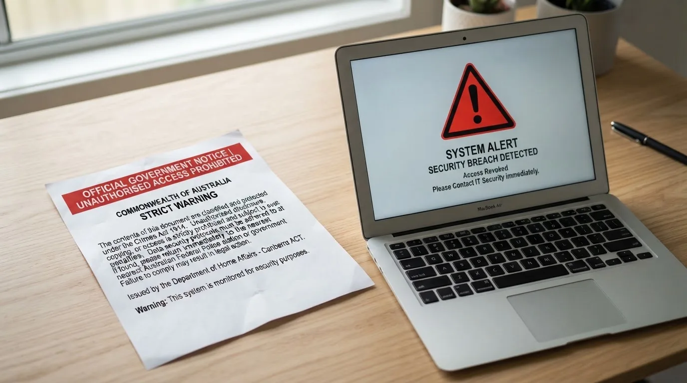 A printed government warning notice on a desk beside a laptop with a red alert icon on the screen.