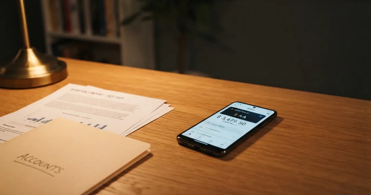 A phone showing a digital wallet balance screen resting on a stack of paperwork.