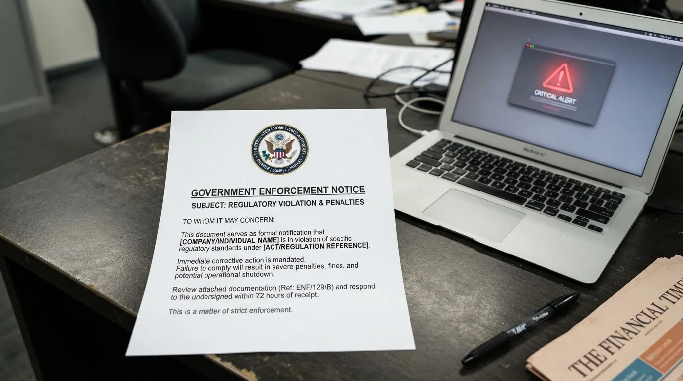 A printed government warning notice on a desk beside a laptop with a red alert icon on the screen.