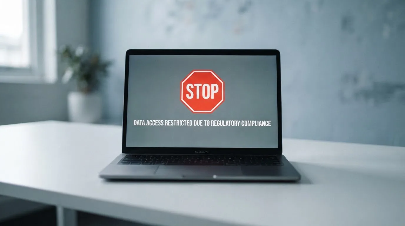 A printed government warning notice on a desk beside a laptop with a red alert icon on the screen.