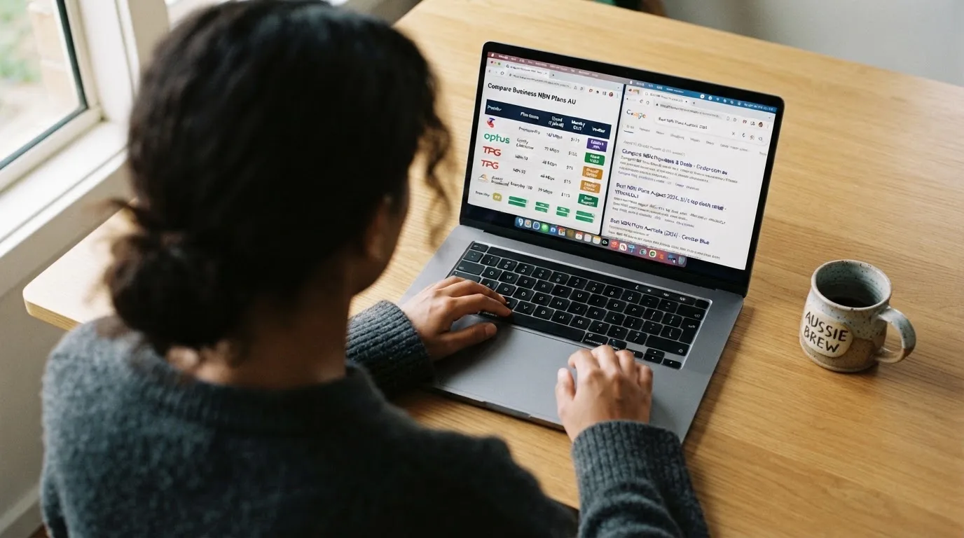 A laptop screen split between two browser tabs, one showing a comparison table and the other a search results page.