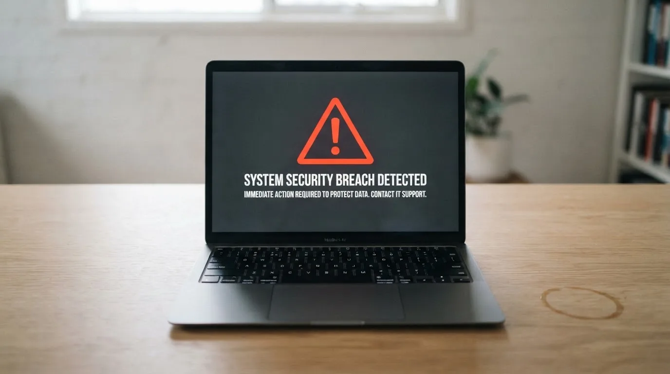 A printed government warning notice on a desk beside a laptop with a red alert icon on the screen.