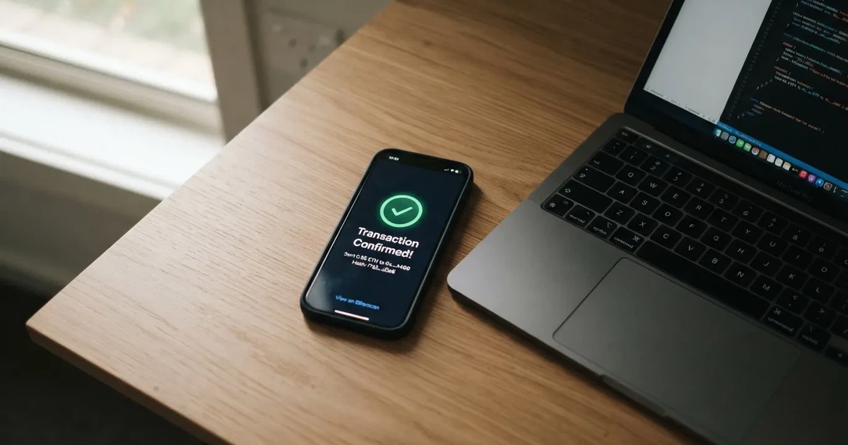 A phone displaying a blockchain transaction confirmation screen next to a laptop keyboard.