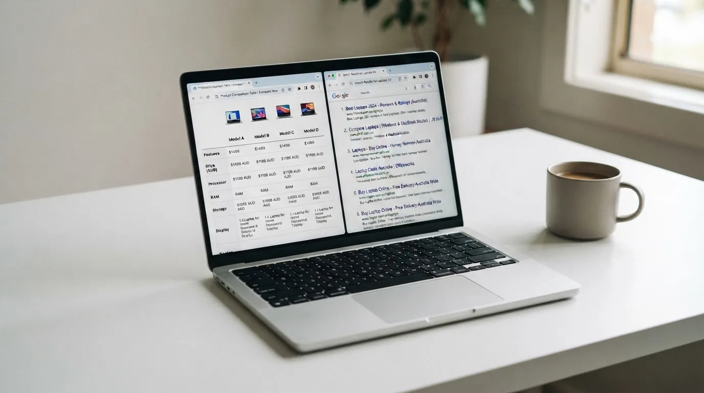 A laptop screen split between two browser tabs, one showing a comparison table and the other a search results page.