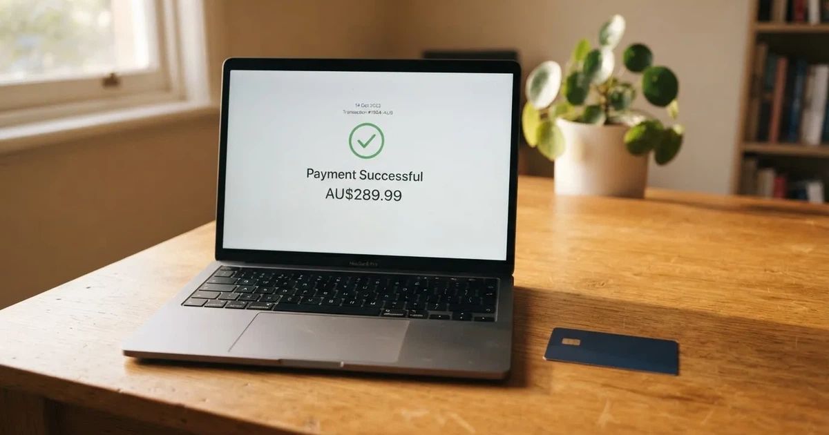 A hand holding a bank card next to a laptop showing an online payment form.