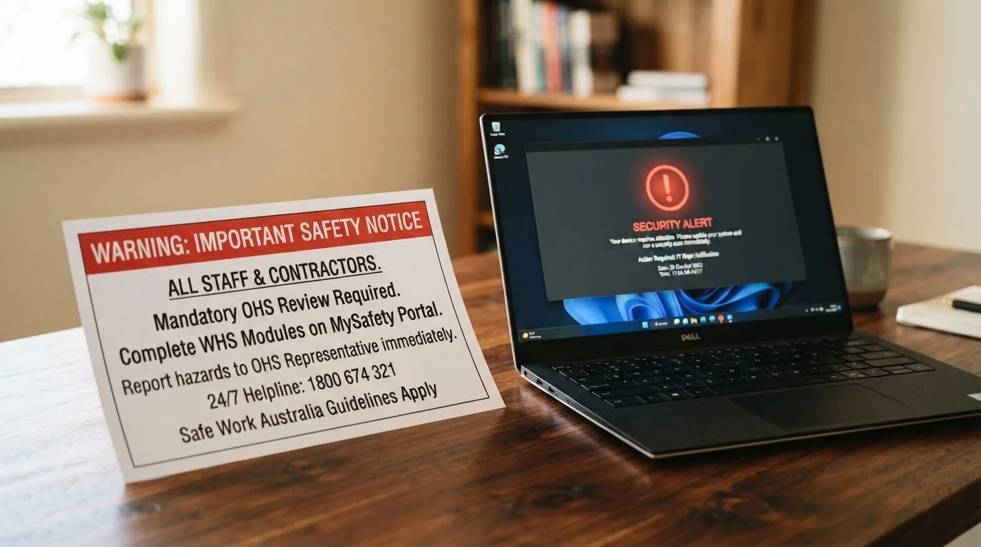 A printed government warning notice on a desk beside a laptop with a red alert icon on the screen.
