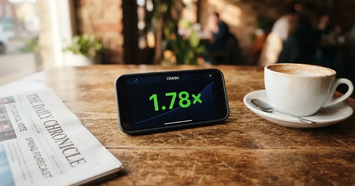 A digital multiplier counter climbing on a phone screen next to a coffee cup.