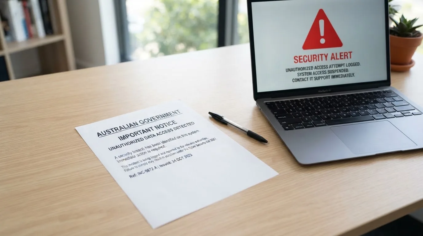 A printed government warning notice on a desk beside a laptop with a red alert icon on the screen.