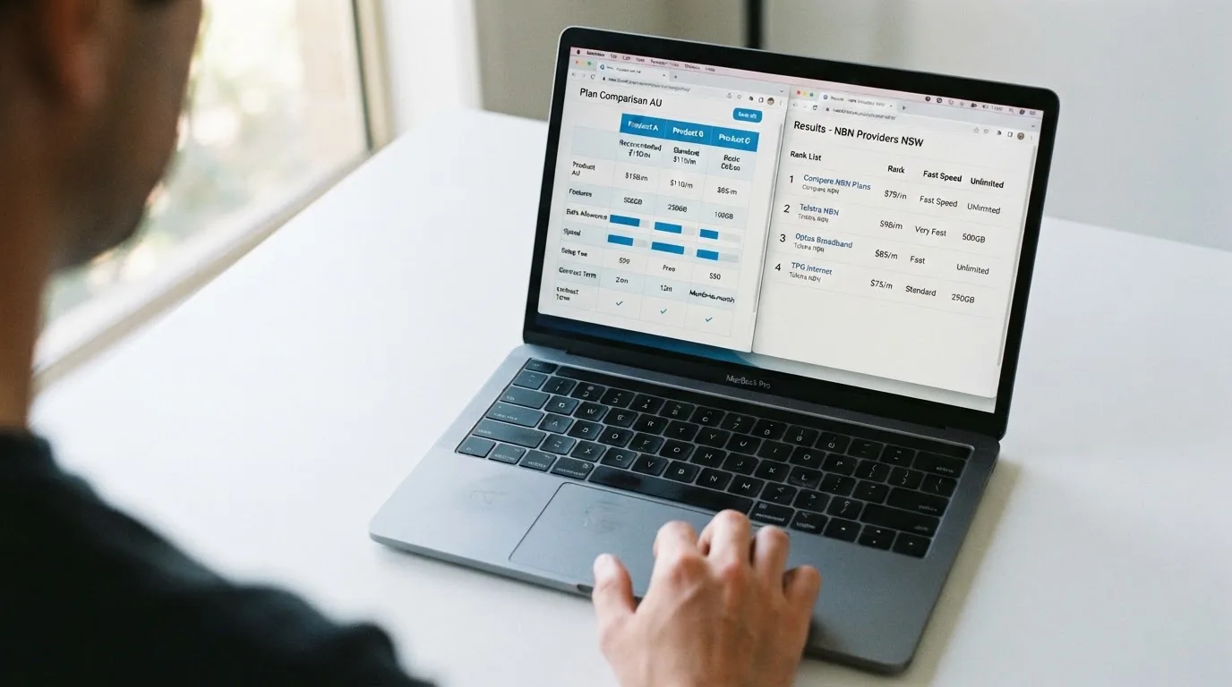 A laptop screen split between two browser tabs, one showing a comparison table and the other a search results page.