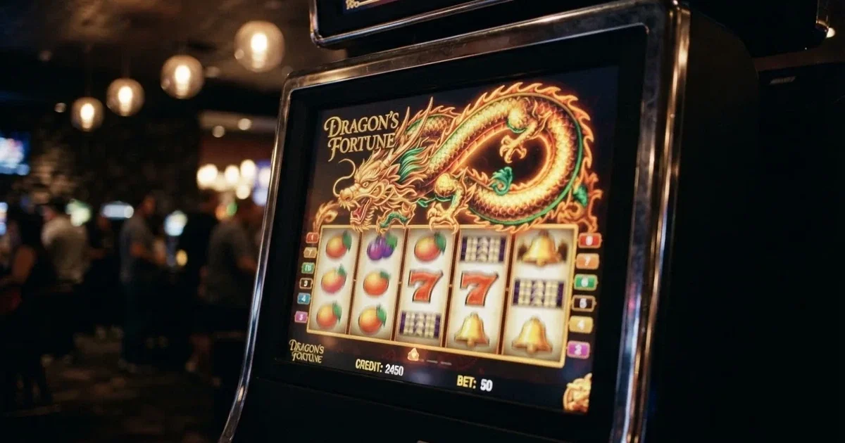 A close-up of a slot reel icon showing a stylised dragon motif on a cabinet screen.