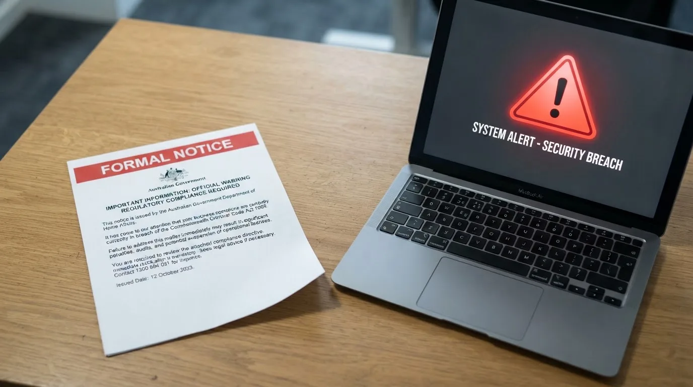 A printed government warning notice on a desk beside a laptop with a red alert icon on the screen.