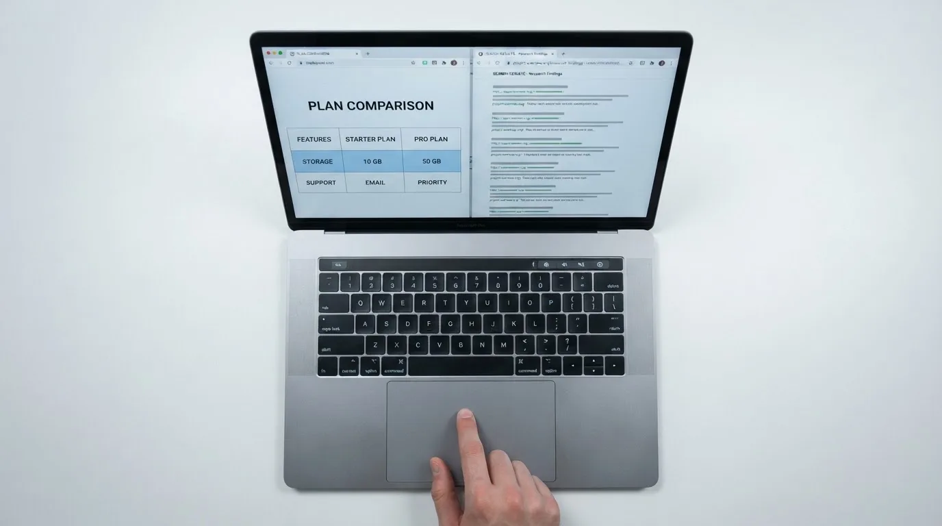 A laptop screen split between two browser tabs, one showing a comparison table and the other a search results page.