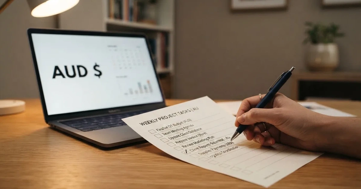 A hand ticking off boxes on a printed checklist next to a laptop.