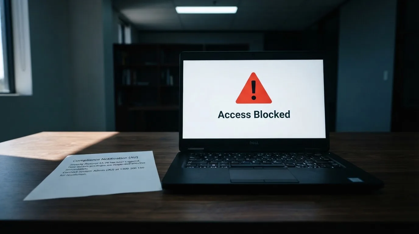 A printed government warning notice on a desk beside a laptop with a red alert icon on the screen.