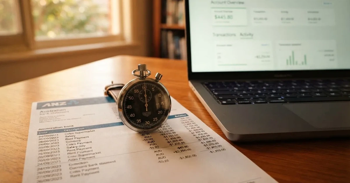 A stopwatch sitting on top of a bank statement next to a laptop keyboard.