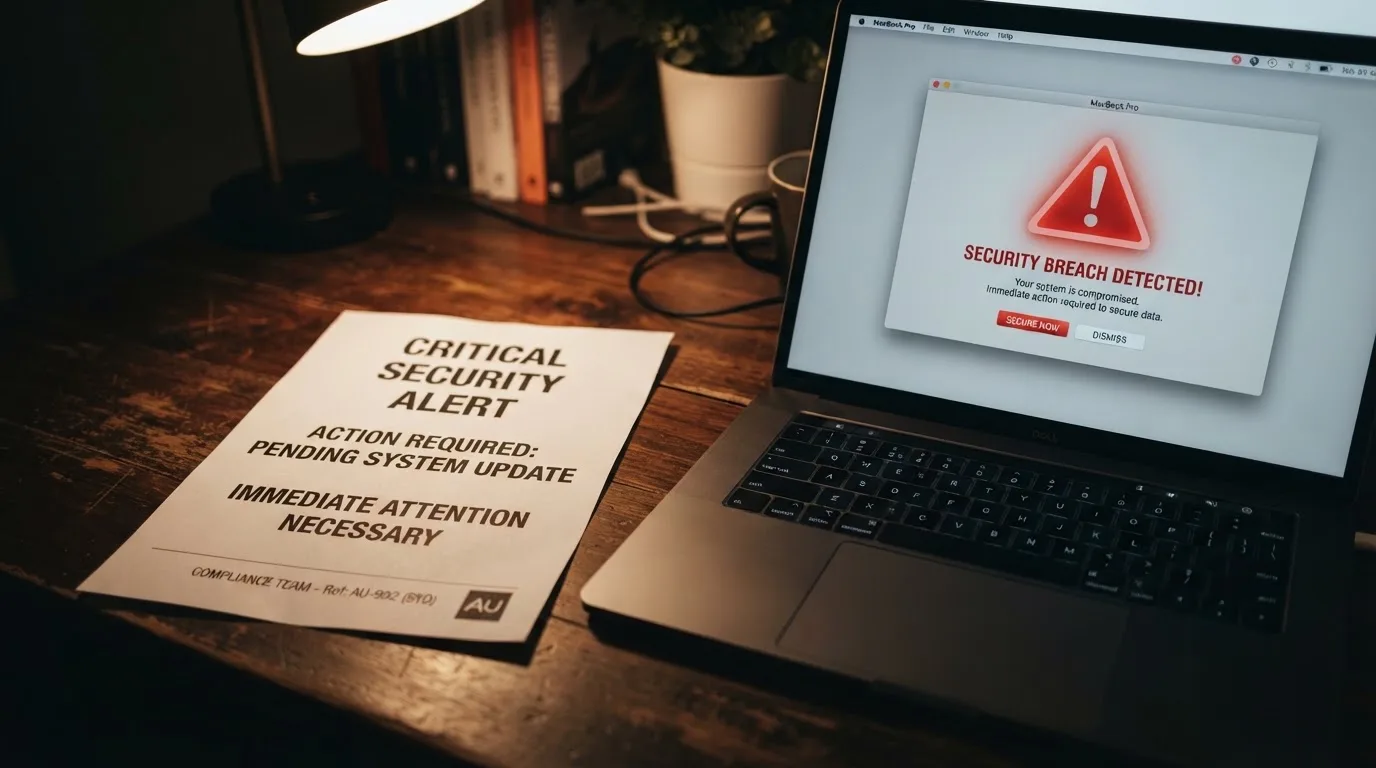 A printed government warning notice on a desk beside a laptop with a red alert icon on the screen.